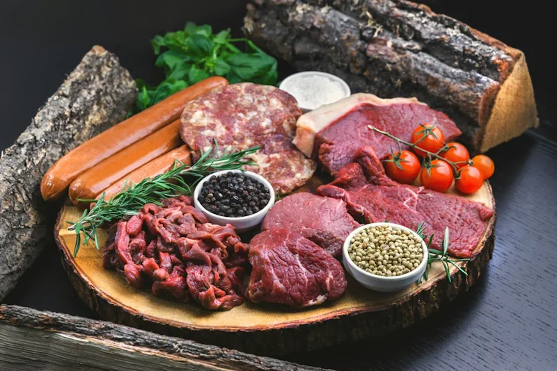 Hand-cut beef on a butcher's board